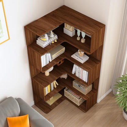 IOTXY 6-Tier L-Shaped Corner Bookshelf - 66" Tall Wooden Freestanding Bookcase with Open Shelf Units, Oak - color: Oak