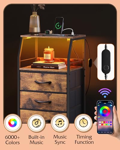 WLIVE LED Nightstand with Charging Station, Fabric Dresser with 5 Drawers for Bedroom, Tall Night Stand with Open Shelves, Bed Side Tables Living Room, Rustic Brown - color: Rustic Brown Wood Grain Print, size: 5 Drawers