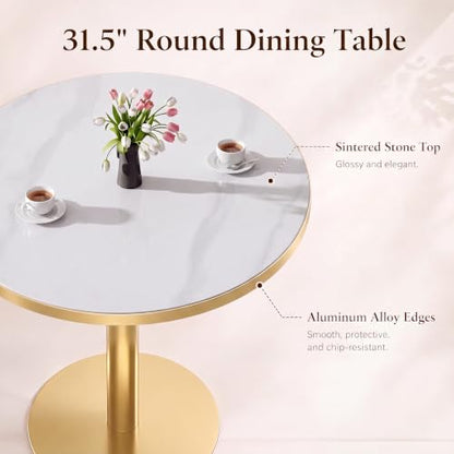 31.5" Round Dining Table, Glossy Sintered Stone Circle Tulip Table with Gold Pedestal, Modern Dining Room Table for Kitchen, Cafe, Living Room (White with Gold) - color: White With Gold