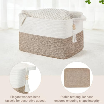 Mkono Woven Storage Basket, Cube Cotton Rope Basket for Shelves, 13"x10"x9" | Organizes Shoes Clothes Toys Towels Books, Gift Basket, Wooden Beads Tassel, Rectangle Bin, Fits Entryway Bedroom Living Room - color: Brown and White
