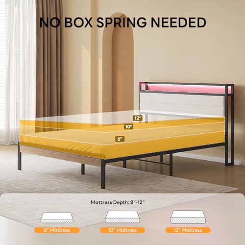 LIKIMIO Queen Bed Frame with Headboard, LED Lights and Charging Station - color: Natural and Cream, size: Queen