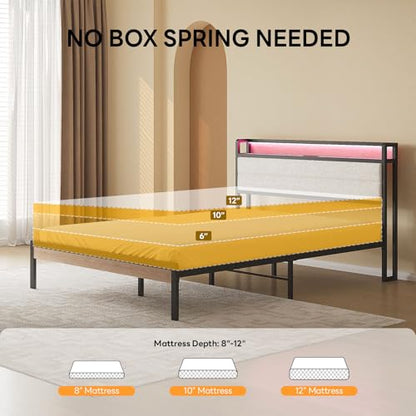 LIKIMIO Queen Bed Frame with Headboard, LED Lights and Charging Station - color: Natural and Cream, size: Queen