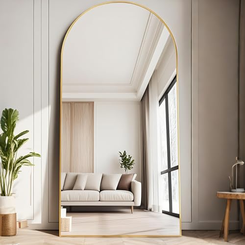 Full Length Mirror, 71''x30'' Floor Mirror with Stand, Arched Wall Mounted Mirror, Large Full Body Mirror with Aluminum Frame Hanging or Leaning for Bedroom, Living Room, Cloakroom (Gold) - color: Gold, size: 71"L x 30"W