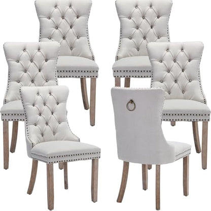 Beige-White Dining Chairs Set of 6, Tufted Kitchen & Dining Room Chairs | Six Fabric Tufted Dinning Chairs, Linen Upholstered, Wing Back, Metal Pull Ring, Wood Frame, Mid Century Modern - color: A-2 Beige Linen, Wood Legs, size: 6