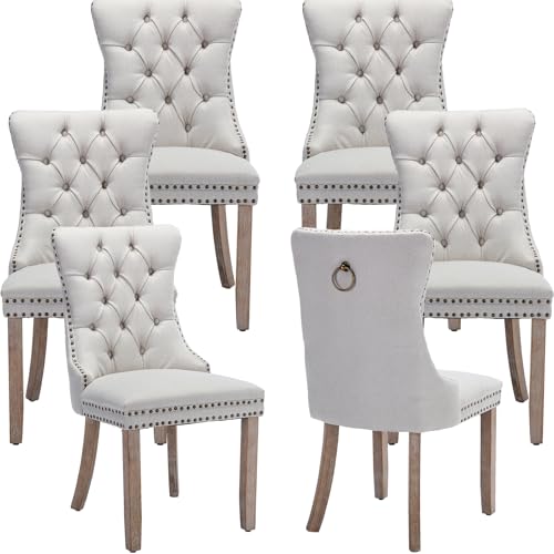 Beige-White Dining Chairs Set of 6, Tufted Kitchen & Dining Room Chairs | Six Fabric Tufted Dinning Chairs, Linen Upholstered, Wing Back, Metal Pull Ring, Wood Frame, Mid Century Modern - color: A-2 Beige Linen, Wood Legs, size: 6