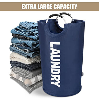 DOKEHOM 90L Large Laundry Basket Bag, Collapsible Tall Hamper, Dark Blue | Freestanding tall washing bin & foldable laundry bag. High-capacity clothes storage basket with durable sturdy handles - color: Dark Blue, size: 90L