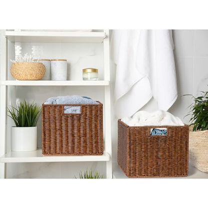 Wicker Storage Basket - Large 12x12x10in Cube, Woven Wicker for Shelves, Pantry, Kitchen & Bathroom Organization (Brown) - color: Brown
