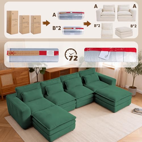 140" U Shape Modular Sectional Sofa with Ottoman, Boneless Couch Three-Layer Deep 4 Seat Convertible Pull Out Sleeper Sofa Bed for Living Room Apartment No Assembly 140" U-Green - size: 140"U