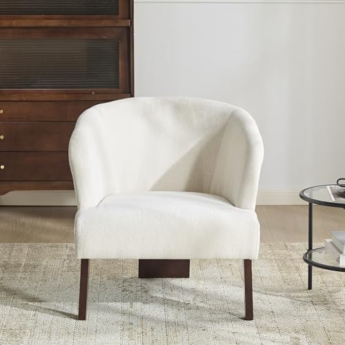 Modern Accent Lounge Chair with Round Back Wooden Legs Mid Century Inspired Compact Design Soft Fabric Upholstery Comfortable Seating for Lounging Reading Easy Assembly Durable Frame Home Office Use