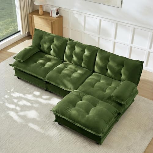 Modular Sectional L-Shaped Sofas,Roomy 3 Seater Sofa Couch with Ottoman,107.8" Chenille Cloud Couches,Modern Tufted Corner Sofa Set for Living Room - color: Green, size: 3+1
