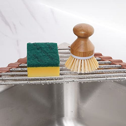 Tomorotec Triangle Roll-Up Dish Drying Rack for Sink Corner Small Foldable Stainless Steel Over The Sink Multipurpose Kitchen Drainer Caddy Trivet Rustproof Storage Shelf (Chocolate Brown) | BPA-Free Food-Grade Silicone Edges Foldable Waterproof Rustproof
