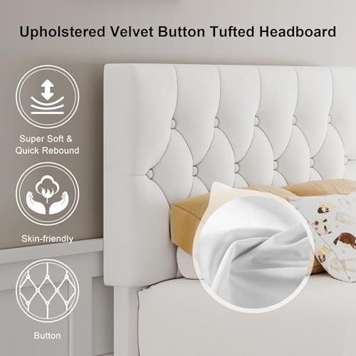 Feonase Velvet Twin Size Bed Frame with Button Tufted Headboard, Upholstered Bed with Wooden Slats Support, No Box Spring Needed, Easy Assembly, Noise-Free, White - color: White, size: Twin