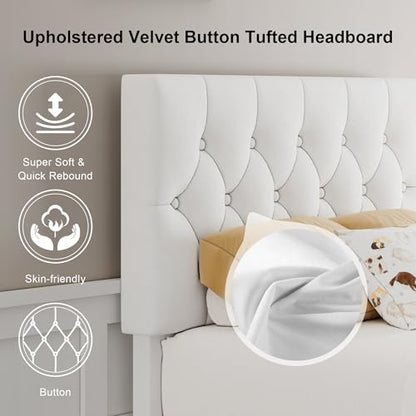 Feonase Velvet Twin Size Bed Frame with Button Tufted Headboard, Upholstered Bed with Wooden Slats Support, No Box Spring Needed, Easy Assembly, Noise-Free, White - color: White, size: Twin
