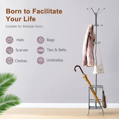 Hoctieon Coat Rack Freestanding, Coat Tree with Umbrella Holder | Metal Coat Rack Stand with 12 Hooks, Standing Coat Hanger Stand, Umbrella Stand for Entryway, Hat Rack Stand for Home Office - color: Gray
