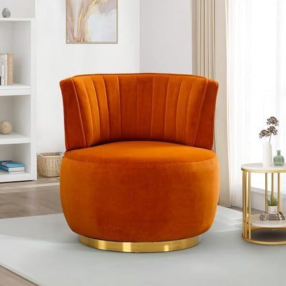 SLEERWAY 360° Swivel Barrel Chair, Modern Velvet Round Accent Chair, Comfy Upholstered Small Armchair with Gold Metal Base for Living Room Bedroom Nursery Office Sillas para Sala, Orange - color: Orange