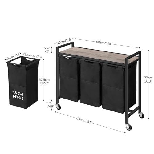 HOOBRO Laundry Sorter 3 Section, Laundry Hamper with Wheels, 3 × 11.5 Gal (43.4L), Rolling Laundry Basket, Pull-Out and Removable Oxford Fabric Bags, Greige and Black BG76XY01 - color: Greige + Black