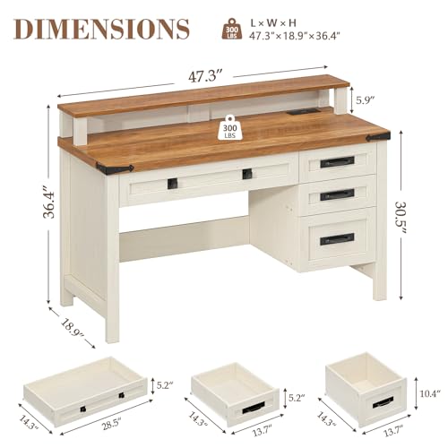 47" Farmhouse Computer Desk with 4 Drawers for Home Office, Bedroom | Executive Desk with Power Outlets, Home Office Desk with Monitor Stand, Small Desk Writing Study Table, Antique White - color: Brown and White