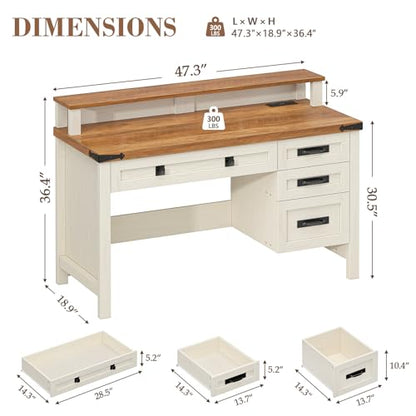 47" Farmhouse Computer Desk with 4 Drawers for Home Office, Bedroom | Executive Desk with Power Outlets, Home Office Desk with Monitor Stand, Small Desk Writing Study Table, Antique White - color: Brown and White