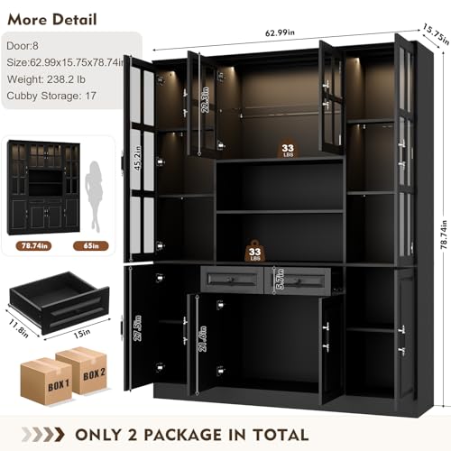 Kitchen Pantry Storage Cabinet with LED Lights, 78.7" Tall Pantry Cabinet with Glass Doors & Drawers, Utility Pantry Cabinet, Black (63" W x 15.7" D) - color: Black, size: 8 Doors