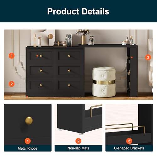 RoyalCraft Vanity Desk and Dresser Combo, 67" Extendable Big Makeup Vainty with 6 Drawer Dresser and 3 Side Shelves, Wood Corner Vanity for Bedroom, Dressing Table for Women Girlfriend, Black