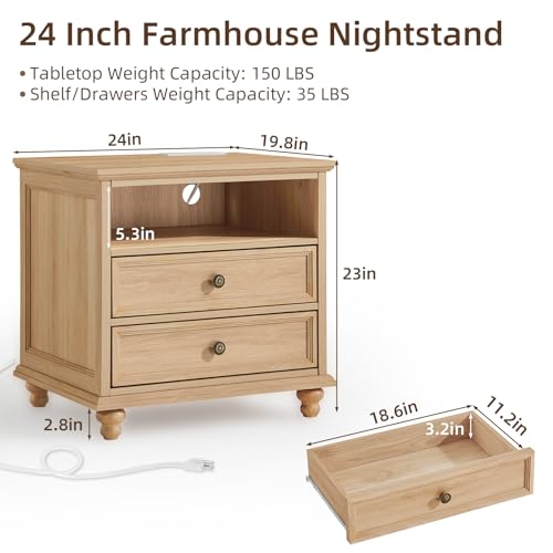Joaxswe 24" Wide Farmhouse Nightstand with Charging Station, End Table with 2 Drawers, Natural Wood Dresser for Bedroom Cabinet, Bed Side Table Chest of Drawers, Night Stand for Living Room, Closet - color: Natural, size: 24"W (2 Drawers)