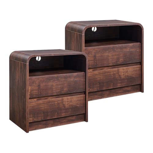 Aitjunz 25" Tall Modern Nightstand Set of 2, 23.6'' Wide Wood Bedside Table w/2 Storage Drawers, Charging Station,Mid Century End Table for Bedroom, Living Room, Curved Profile Design, Brown - color: Brown, size: 2 Pieces