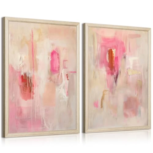 Tocliky Abstract Wall Art Neutral Modern Canvas Painting Decor Pink Beige Minimalist Wall Art Contemporary Abstract Poster Artwork for Living Room Bedroom 12x16 Inch Wood Frame Set of 2 - color: Pink Abstract Prints, size: 12x16 Inch Framed