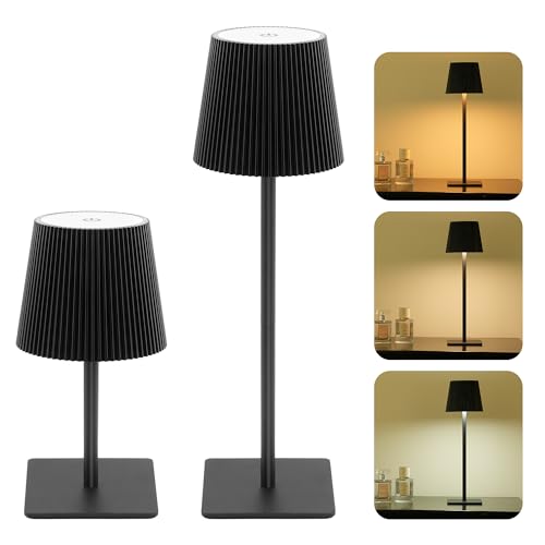 LUTEC 2 Pack Cordless Table Lamp,6000mAh Rechargeable Battery Operated Desk Lamp,Two Adjustable Heights,Waterproof, Touch Control & 3 Color Stepless Dimming for Restaurant/Bedroom/Bars/Outdoor (Black) - color: Black