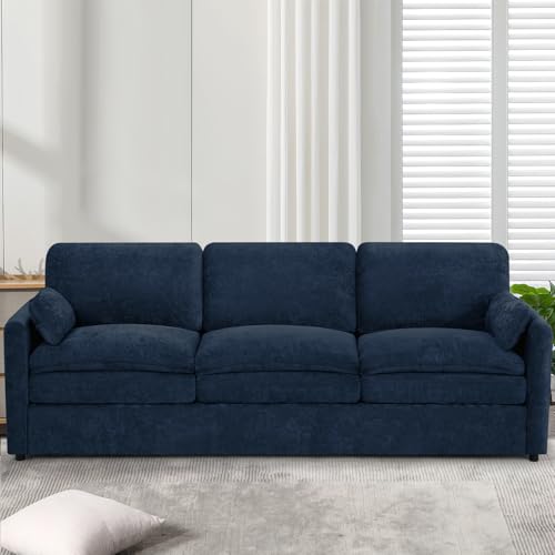 89" Chenille Modern Sofa w/Plump Backrests, Blue | 3 Seater Couch w/Soft Pillows, Comfy Upholstered Couch w/Thicker & Deeper Seats for Living Room, Bedroom - color: Blue, size: Sofa