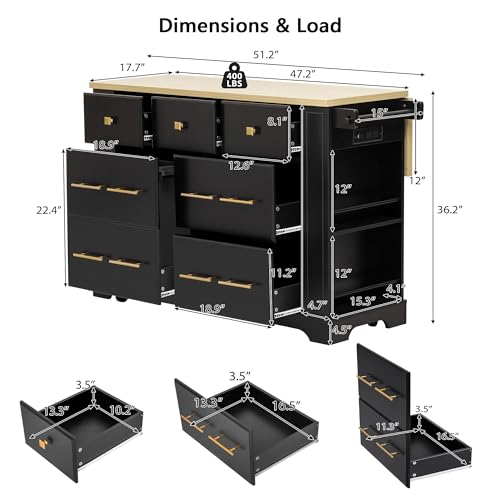 Charging Kitchen Island with 6 Drawers & Drop Leaf, Mobile Cabinet w/Trash Bin Compartment (Not Included), Rustic Wood Cart for Small Spaces (Black/D6) - color: Black/D6)