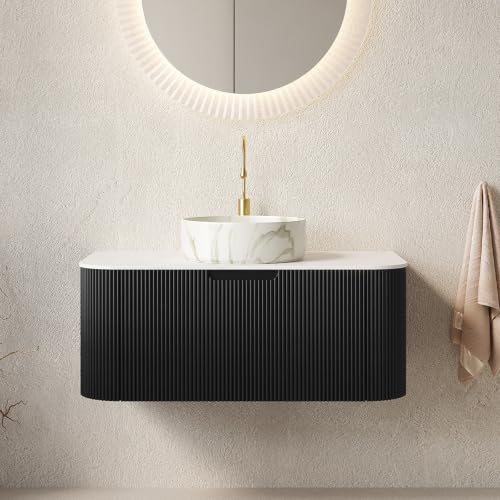 36" Floating Bathroom Vanity with Sink, Wall Mounted Plywood Cabinet, Black Fluted Front, Sintered Stone Countertop, White Marble-Look Ceramic Vessel Sink, Soft-Close Drawer, Pre-Assembled - color: Black Cabinet / White Marble Sink, size: 36 Inch