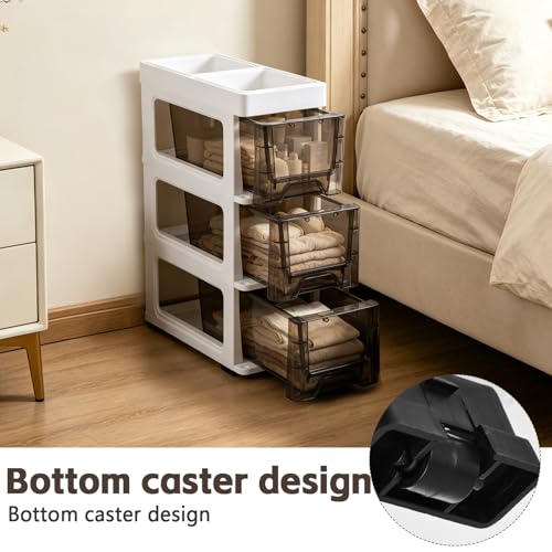 3 Drawer Storage Organizer, Narrow Slim Plastic Storage Drawer Cart with 4 Wheels, 3 Tier Space Saving Storage Tower Box, Narrow Storage Cart for Small Space Bedroom Bathroom Kitchen Pantry Office