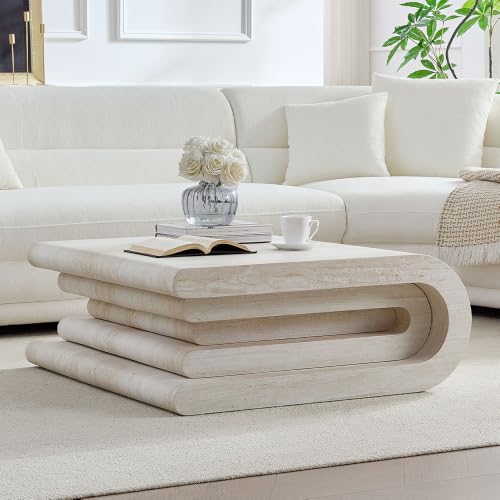 33.86" Square Faux Stone Coffee Table for Living Room | Center Table with Layered Base, Tea Table for Apartment, Irregular, No need Assembly, Mars Pattern - color: 33.86" Square Coffee Table With Faux Mars Pattern