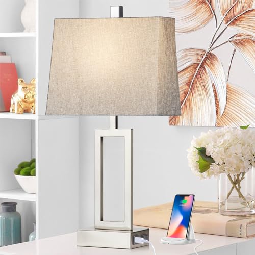 Lolikit 23.5" Touch Control Table Lamps, Metal Bedside Lamp for Bedroom Set of 2 with USB A+C Ports & AC Outlet, 3-Way Dimmable Nightstand Lamp for Living Room (LED Bulb Included) - color: Silver - 23.5"H