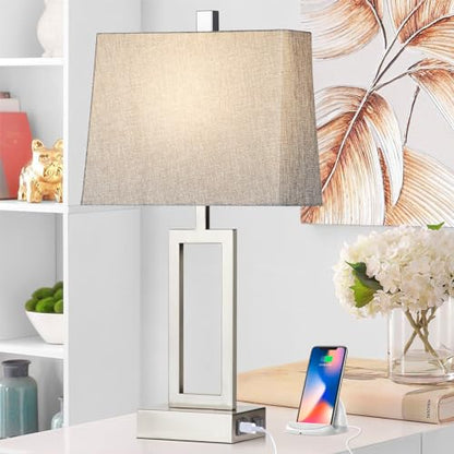 Lolikit 23.5" Touch Control Table Lamps, Metal Bedside Lamp for Bedroom Set of 2 with USB A+C Ports & AC Outlet, 3-Way Dimmable Nightstand Lamp for Living Room (LED Bulb Included) - color: Silver - 23.5"H