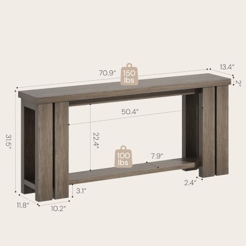 70.9 Rustic Grey Farmhouse Console Sofa Table Behind Couch Entryway Wood | Thick 2-inch engineered wood tabletop with embossed texture
