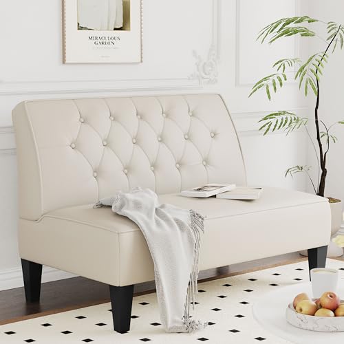 annjoe Button Tufted Loveseat Settee Upholstered Sofa Backrest Buckle Couch Banquette Bench for Dining Room Living Room Bedroom Funiture - color: Beige