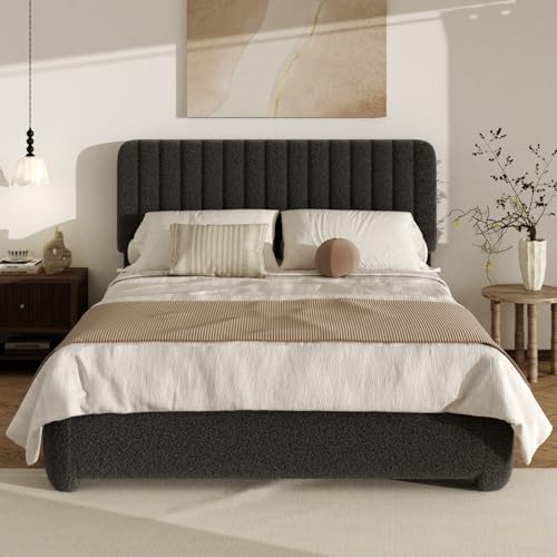 Queen Size Cloud Bed Frame, Upholstered Boucle Platform Bed with Round Corner Adjustable Headboard, Modern Style, No Box Spring Needed, Never Squeak, Easy Assembly, Black - color: Black, size: Queen