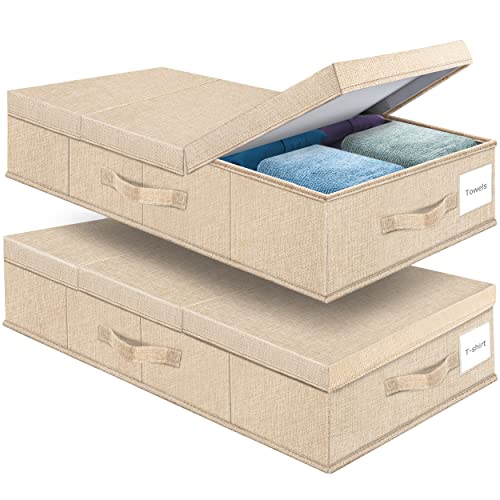 Supowin 2Pack Large Underbed Storage Containers Bin with Lids, Khaki | 6 Inches Tall Under Bed Storage Organizer Box with Handles, Foldable Closet Organizer for Clothes, Blankets, Seasonal Items - color: C-Khaki
