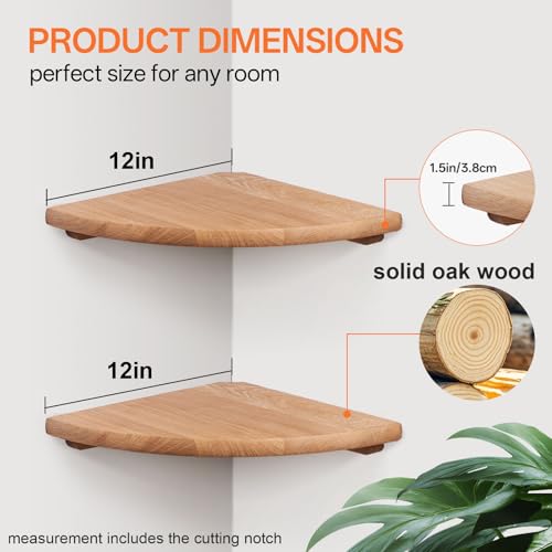 Gieanoo Floating Corner Shelves for Wall Set 2 12inch Solid Oak Rounded Corner Shelves Wall Mounted with Cable Hole Wood Corner Hanging Shelves for Living Room Bedroom Bathroom Kitchen - color: Natural, size: 12in 2-Pack
