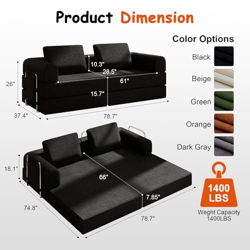 78" Convertible Sofa Bed, Corduroy Pull Out Couch with Fixed Frame & Pocket | 5-in-1 Boneless Sleeper Sofa, Couch Bed with 2 Pillows, Living Room, Small Spaces, Bedroom, No Assembly - color: 78''black