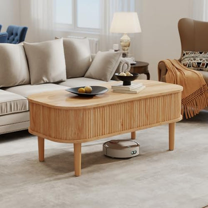 Fluted Lift Top Coffee Table with Hidden Storage, Oval Coffee Table with Lifting Top, Mid Century Modern Design for Living Room, Office & Small Spaces, Natural - color: Natural