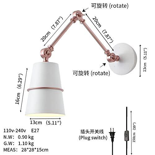 Industrial Adjustable Swing Arm Wall Lantern Modern Metal Foldable Wall Sconce, for Bedroom Bedside House Reading Living Room Hallway Kitchen Loft(White) - color: White