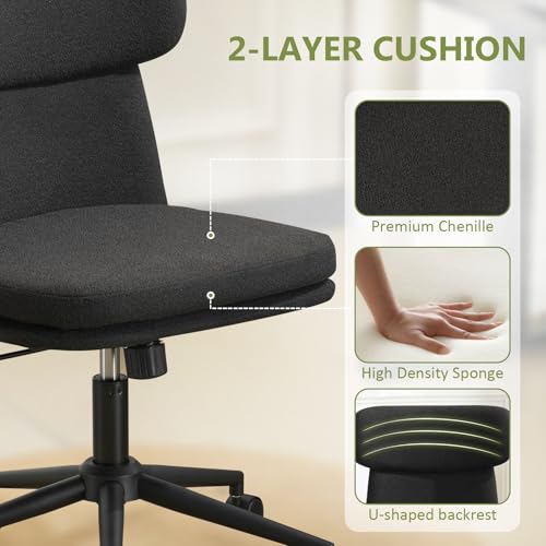 Armless Office Chair with Wheels, Luxury Chenille Swivel Desk Chair with Ergonomic Curved Full Back, Double-Layer Seat, Adjustable Modern Vanity Chair for Makeup, Home Office, Black - color: Black, size: Full Back