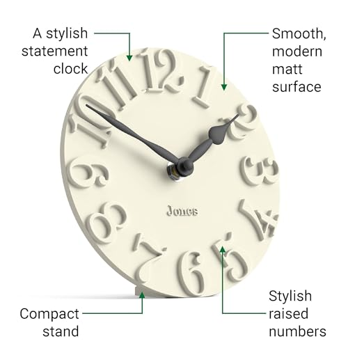 JONES CLOCKS® Hampstead Desk Clock | Freestanding | Pale Cream | Elegant Raised Moulded Numerals | Ideal for Shelf, Mantel, Living Room, Home Office or Bedside - color: Linen White