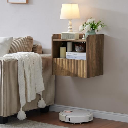 BuildHom Modern Fluted Floating Nightstand Wall Mounted - Bedside Table with Storage Drawer & Display Shelf, Minimalist Bedroom Furniture for Studio Apartments(Rustic Brown) - color: Rustic Brown, size: Single