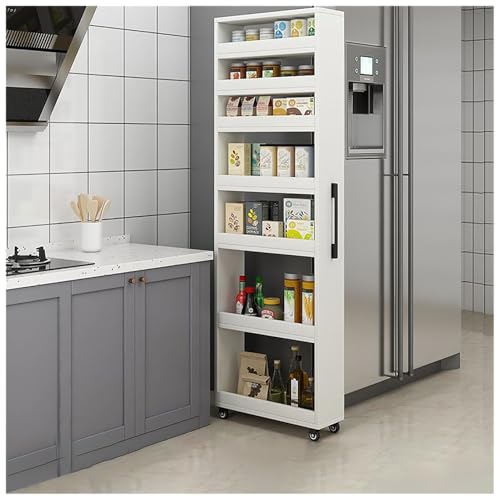 Slim Rolling Storage Cart, Narrow Kitchen Storage Rack with Wheels, Tall Gap Organizer Shelf for Small Spaces, 7-Tier Movable Food Cabinet for Refrigerator Side - color: White, size: 5.9"x21.6"x72.4" (15x55x184cm)