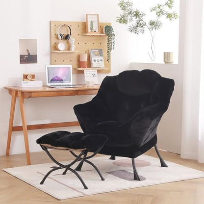 Lazy Chair with Ottoman, Comfy Accent Reading Chair, Plush Black | Foldable Footrest,Removable Cover,with Armrests and Side Pockets,Upholstered Lounge Chair for Bedroom,Dorm,Office,Small Space - color: Plush Black