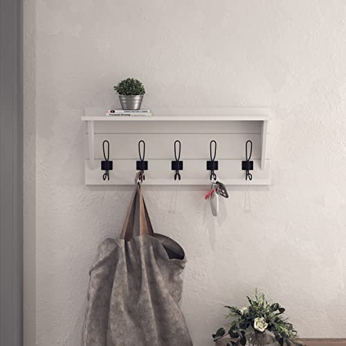 HBCY Creations 24" Wall Mounted Storage Rack - Pine Wood Construction - Solid White Finish - Upper Storage Shelf - 5 Hooks - Ideal for Entryway, Kitchen, Bathroom - color: Solid White