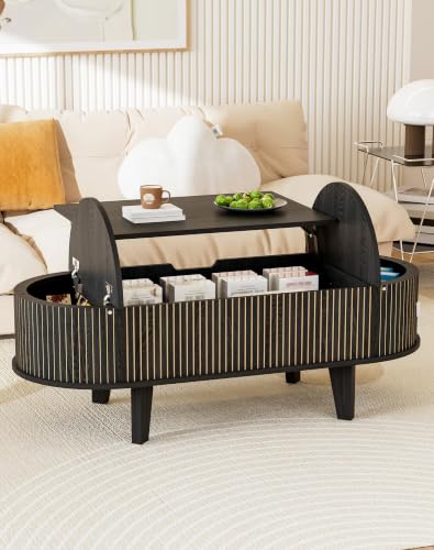 Oval Lift Top Coffee Table with Storage, Fluted 47" Wood Mid Century Modern Coffee Table for Living Room, Black - color: Black-oval (Flip Top)